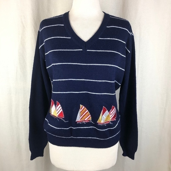 Vintage 60s‎ Embroidered Sailboat Sweater - Picture 1 of 7